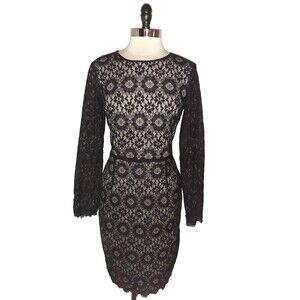 MAGGY LONDON Size 14 Sheath Dress Black Floral Lace Pink Lining Long Sleeve